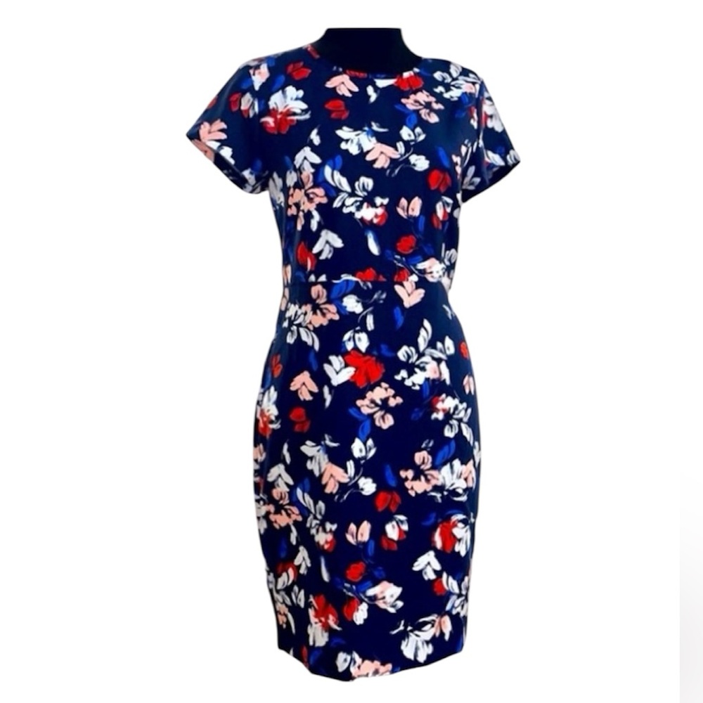 Banana Republic Floral Navy Zip Short Sleeve A-line Sheath Midi Dress Size 0P